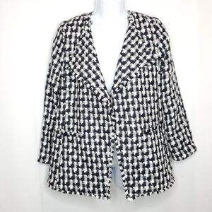NEW Ann Taylor Boucle Tweed Jacket Blazer Sz S Navy Blue White Fringe $179 NWT